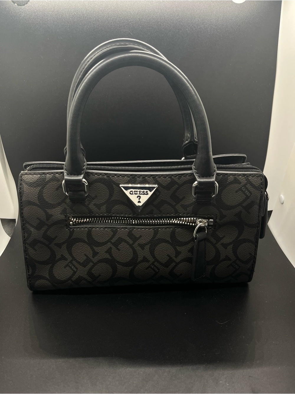 Guess Black Logo-Print Satchel with Silver Trim